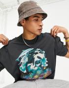 Asos Design Oversized T-shirt In Washed Black With Vintage Ocean Front Print