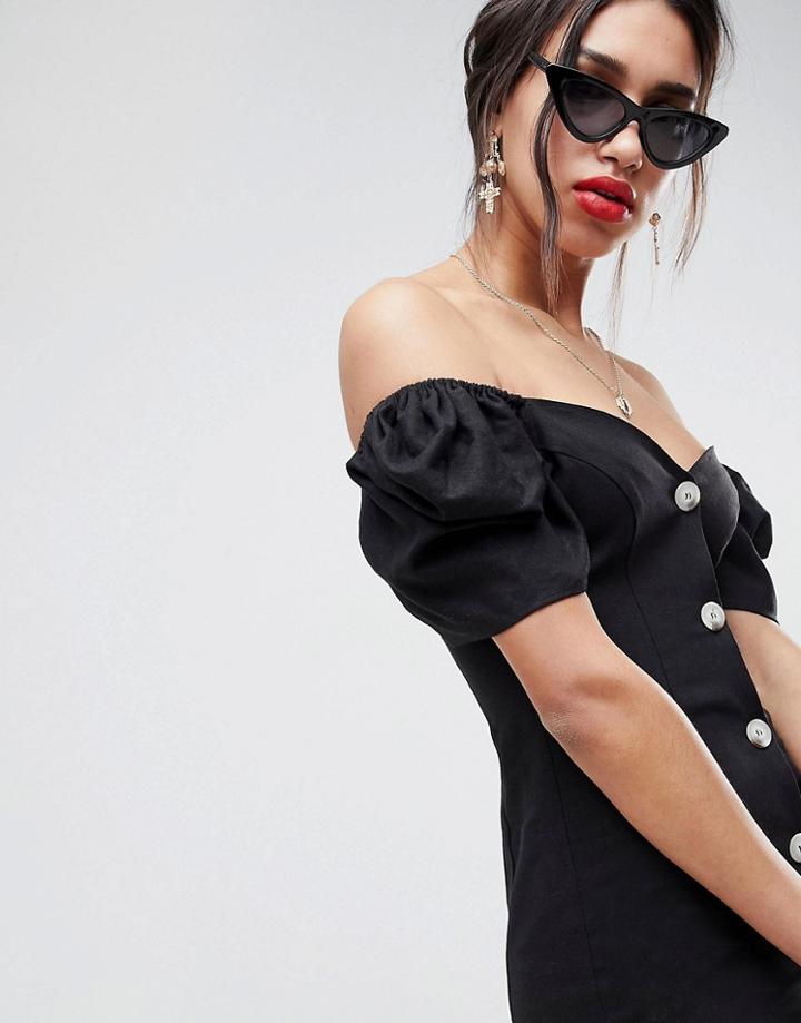 Asos Design Linen Off Shoulder Mini Dress With Tortoiseshell Buttons - Black