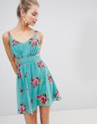 Asos Design Cut Out Mini Dress In Green Floral Print - Multi