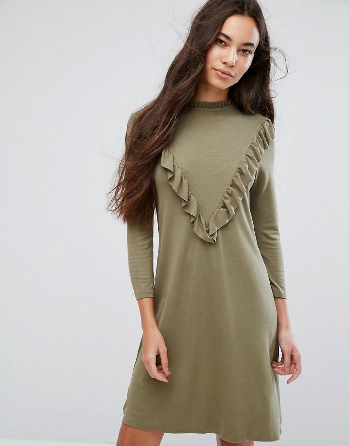 B.young Ruffle High Neck Dress - Green