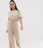 Asos Design Petite Contrast Stitch T-shirt Jumpsuit-beige