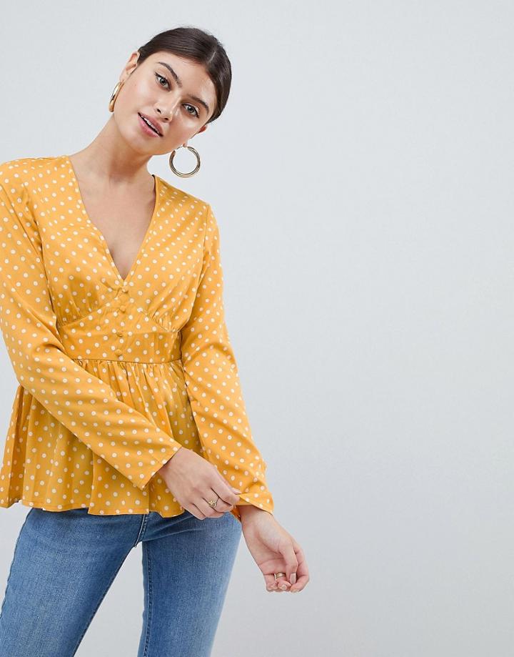 Prettylittlething Polka Dot Peplum Blouse - Yellow