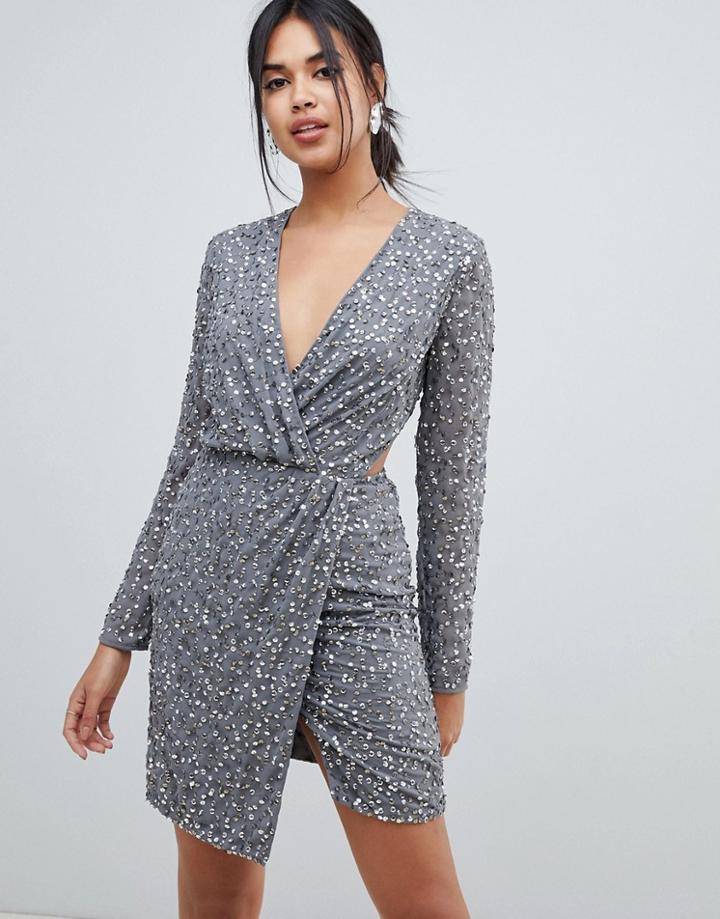 Asos Design Wrap Front Mini Dress In Scatter Sequin With Open Back - Gray