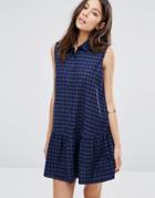 Unique 21 Button Front Checked Cotton Dress With Peter Pan Collar And Pep Hem - Blue
