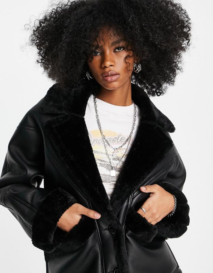 Topshop Faux Shearling Oversized Car Jacket In Black