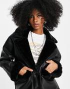 Topshop Faux Shearling Oversized Car Jacket In Black