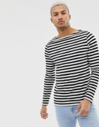 Asos Design Organic Cotton Stripe Long Sleeve T-shirt In Black And White With Boat Neck - Multi