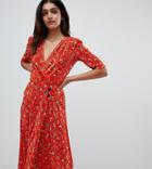 Asos Design Tall Ditsy Print Plisse Midi Dress With Button Detail - Multi