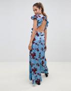 Asos Design Floral Print Satin Jacquard Maxi Dress With Open Back - Multi