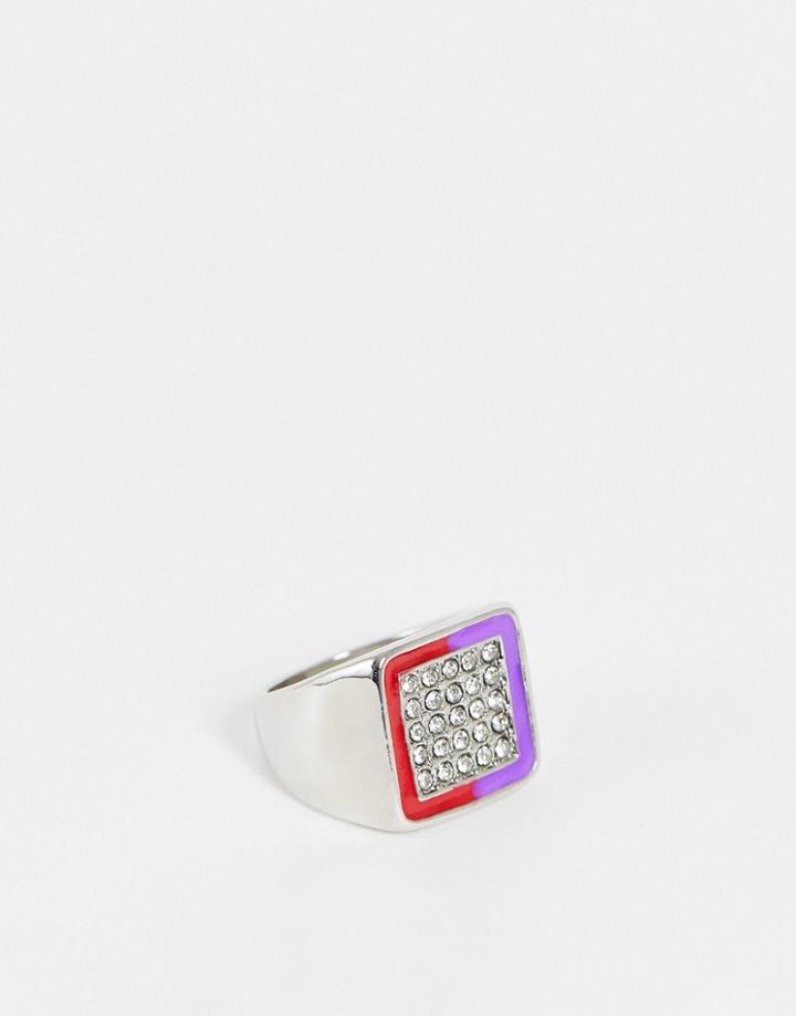 Asos Design Square Signet Ring With Crystal Pave And Pink Ombre Enamel In Silver Tone