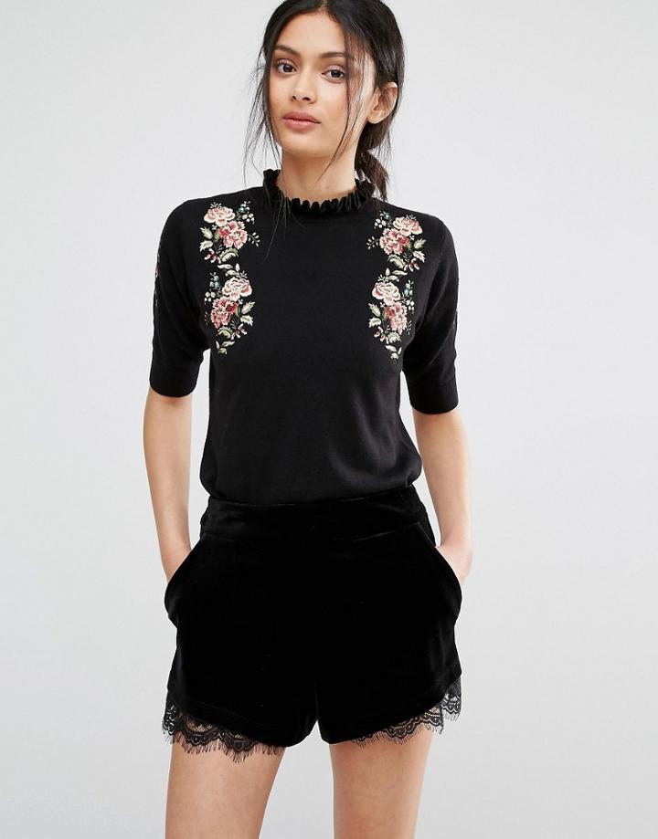 Oasis Embroidered Frill Knit Sweater - Black