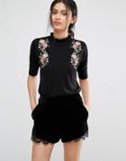 Oasis Embroidered Frill Knit Sweater - Black