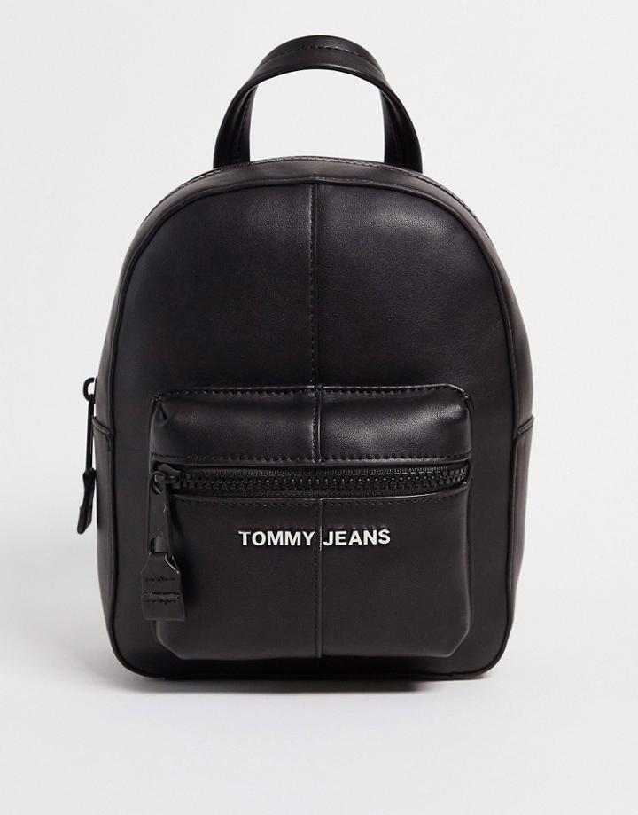 Tommy Jeans Logo Faux Leather Backpack In Black