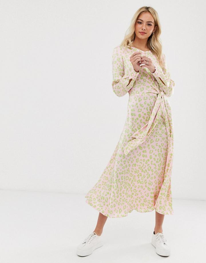 Ghost Mindy Twisted Front Cheetah Print Midi Dress-green