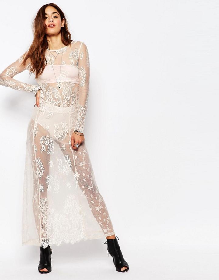 Religion Long Sleeve Sheer Lace Maxi Dress - Nude
