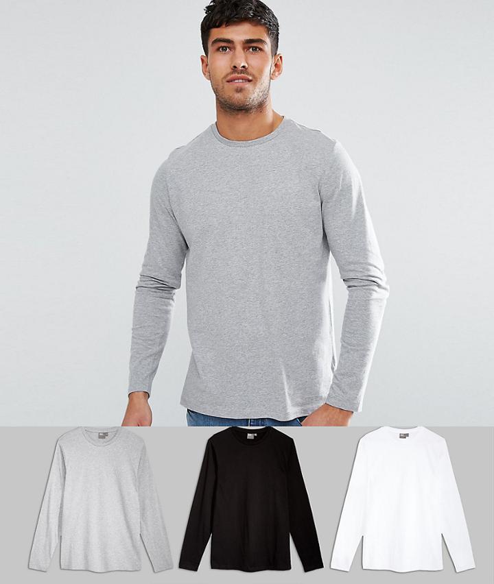 Asos Design Long Sleeve T-shirt With Crew Neck 3 Pack Save - Multi