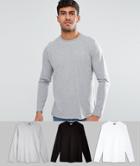 Asos Design Long Sleeve T-shirt With Crew Neck 3 Pack Save - Multi