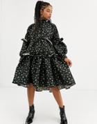 Dream Sister Jane Tiered Volume Midi Smock Dress With Button Front In Floral Jacquard