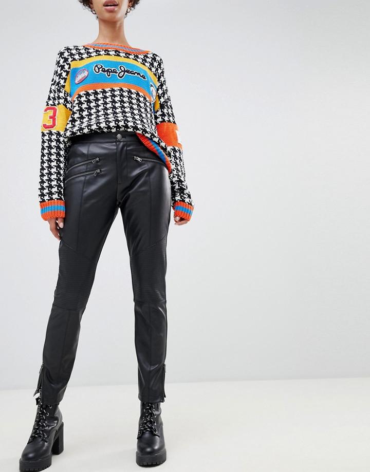 Pepe Jeans Leather Look Skinny Pants With Exposed Zip - Black