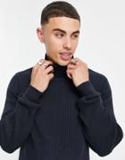 Threadbare Cotton Ribbed Roll Neck Sweater In Navy-green