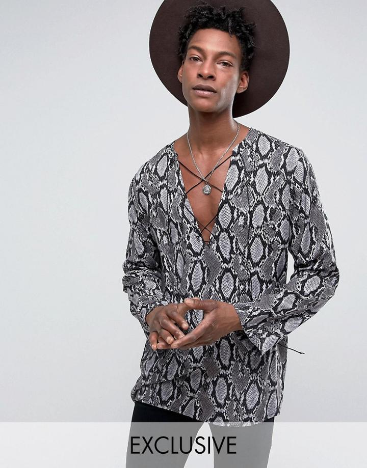 Reclaimed Vintage Inspired Shirt In Snake Print With Lacing In Reg Fit - Black