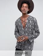 Reclaimed Vintage Inspired Shirt In Snake Print With Lacing In Reg Fit - Black