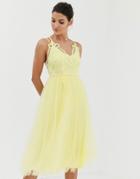 Asos Design Premium Lace Top Tulle Cami Midi Dress-yellow