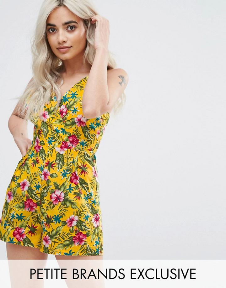 Missguided Petite Tropical Print Crepe Romper - Yellow
