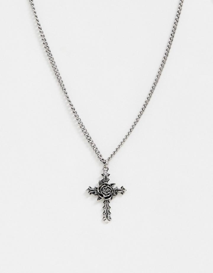 Asos Design Necklace With Rose And Cross Pendant In Burnished Silver Tone - Silver