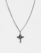 Asos Design Necklace With Rose And Cross Pendant In Burnished Silver Tone - Silver
