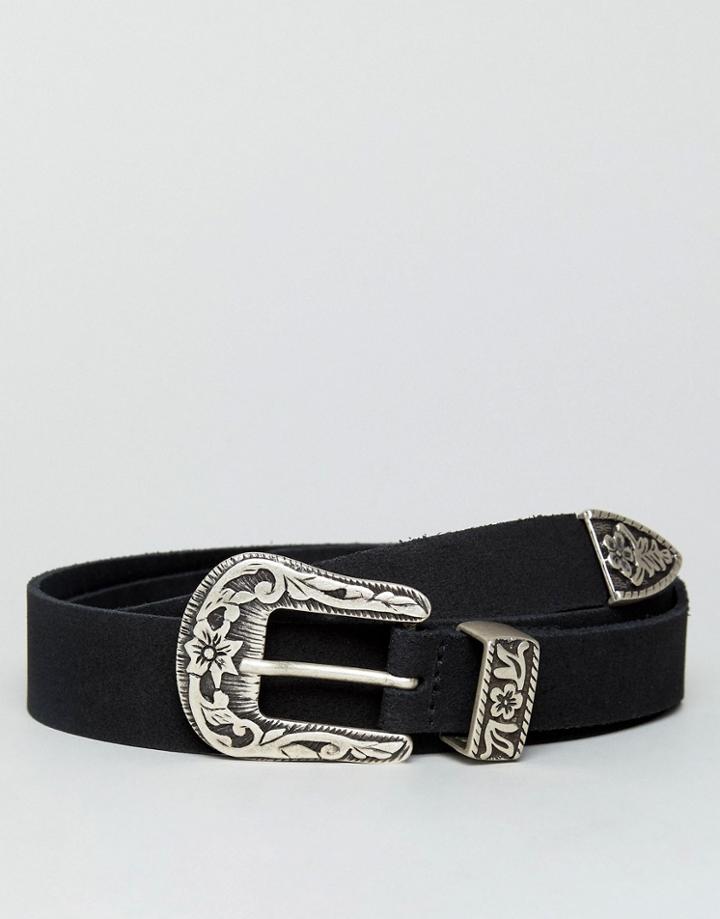 Asos Slim Suede Western Belt In Black - Black