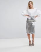 Lost Ink Pencil Skirt In Hammered Satin - Silver