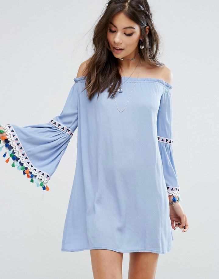 Kiss The Sky Off Shoulder Dress With Festival Tassel Trim - Blue