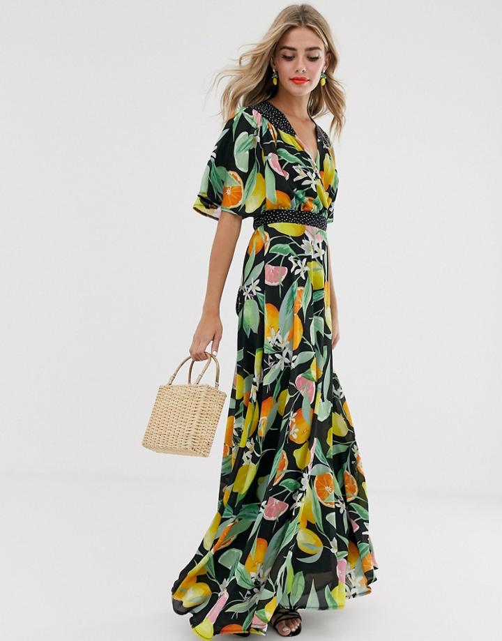 Twisted Wunder Chiffon Midaxi Dress In Lemon Print - Multi