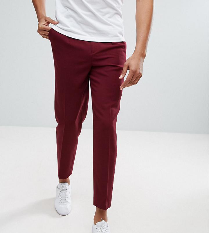 Asos Tall Tapered Smart Pants With Pleats In Burgundy Cross Hatch Nep - Red