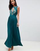 Asos Design Premium Scallop Lace Top Pleated Maxi Dress - Green