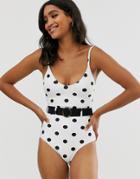 New Look Belted Swimsuit In Polka Dot - White