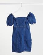 New Look Puff Sleeve Denim Mini Dress In Mid Blue-blues