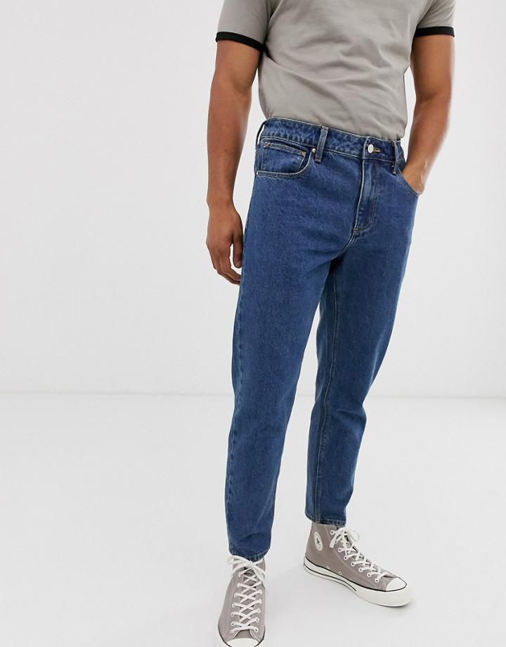 Asos Design Classic Rigid Jeans With Elasticated Waist In Dark Stone Wash-blue