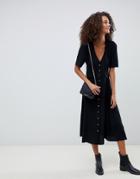 Asos Design Button Through Midi Skater Dress With Pockets - Black