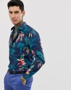 Devils Advocate Slim Fit Cotton Tropical Print Long Sleeve Shirt-blue