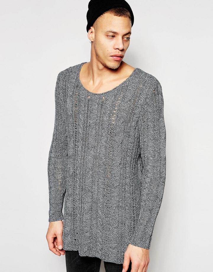 Asos Longline Cable Knit Scoop Neck Sweater With Open Mesh - Gray