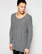 Asos Longline Cable Knit Scoop Neck Sweater With Open Mesh - Gray