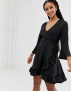 Influence Wrap Dress With Frill Detail - Black