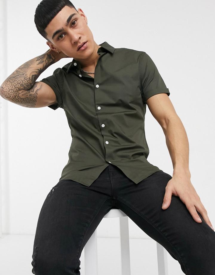 Asos Design Stretch Skinny Fit Shirt In Khaki-green