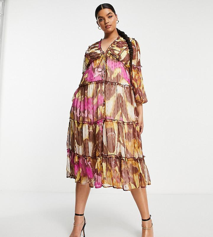 River Island Plus Printed Tiered Midi Dress In Dark Purple