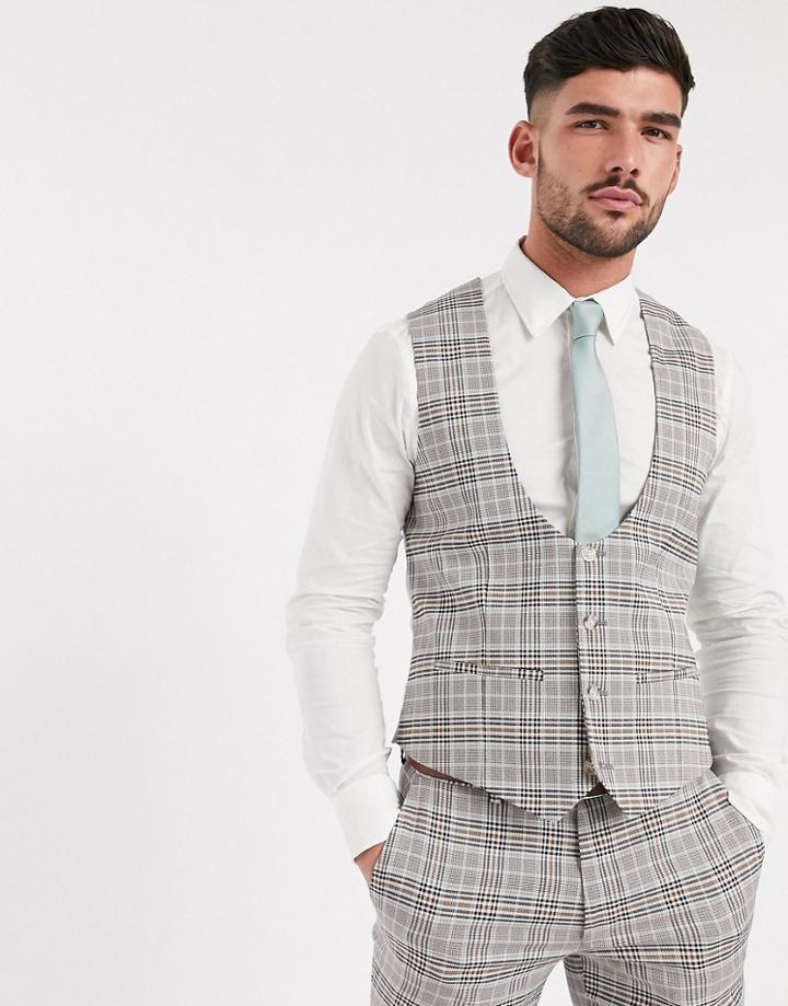 Topman Skinny Suit Vest In Stone Check-neutral