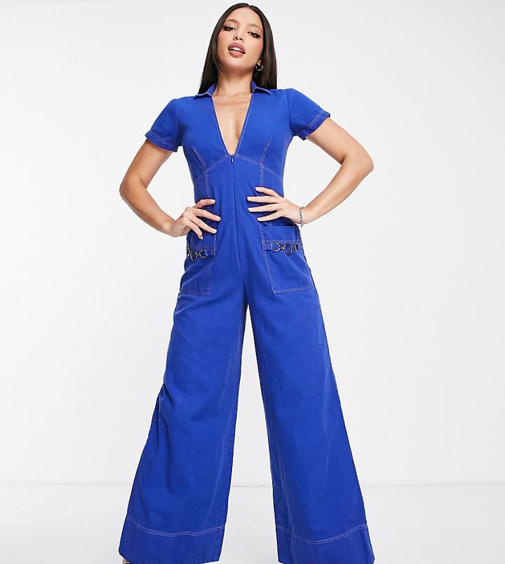 Asos Design Tall Twill Collar Jumpsuit With Wide Leg In Blue