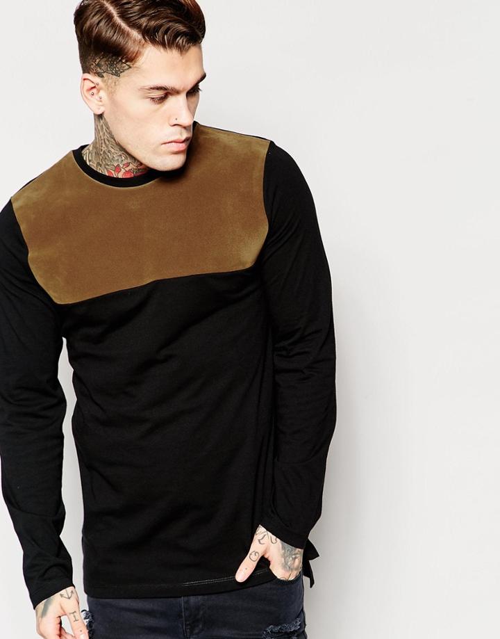 Asos Longline Long Sleeve T-shirt With Faux Suede Panel - Black