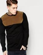 Asos Longline Long Sleeve T-shirt With Faux Suede Panel - Black